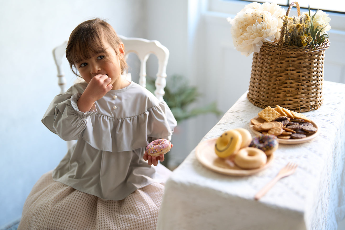 (お食事エプロン)スモッグブラウス+収納巾着袋付き Lグレー