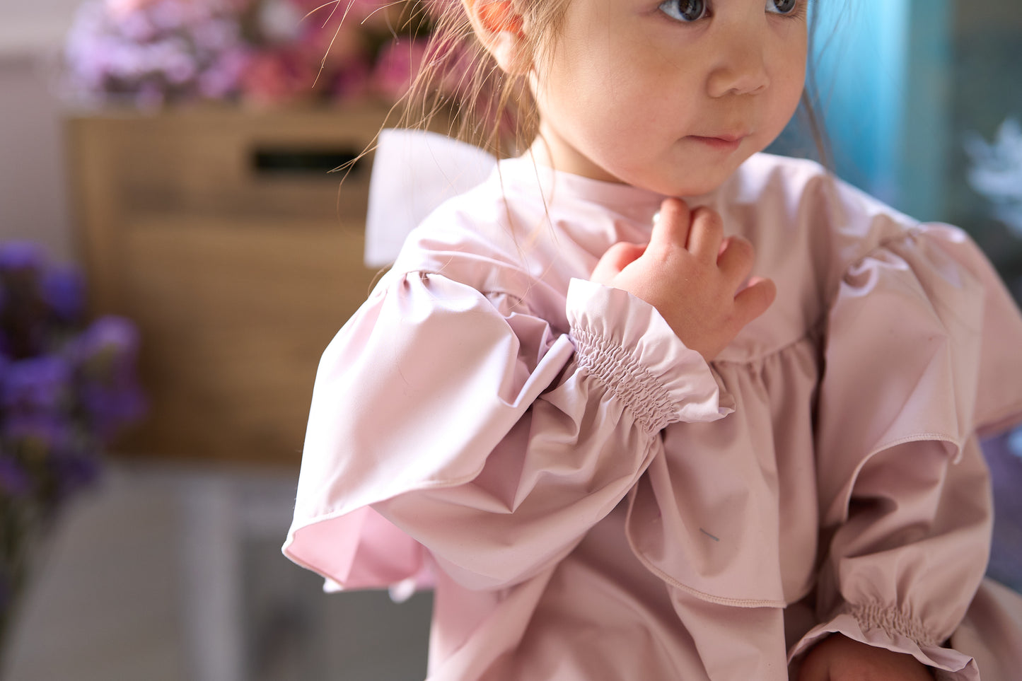 (お食事エプロン)スモッグブラウス+収納巾着袋付き ピンク