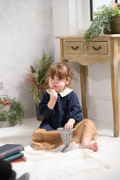 （お食事エプロン）ピンタックブラウス+収納巾着袋付き　ネイビー