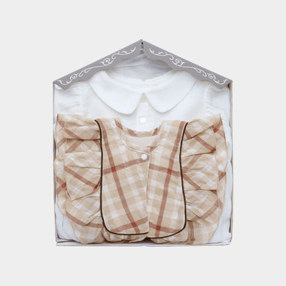 ボディースーツ（シロ）・先染めチェックスタイ（ベージュ） 2点セット