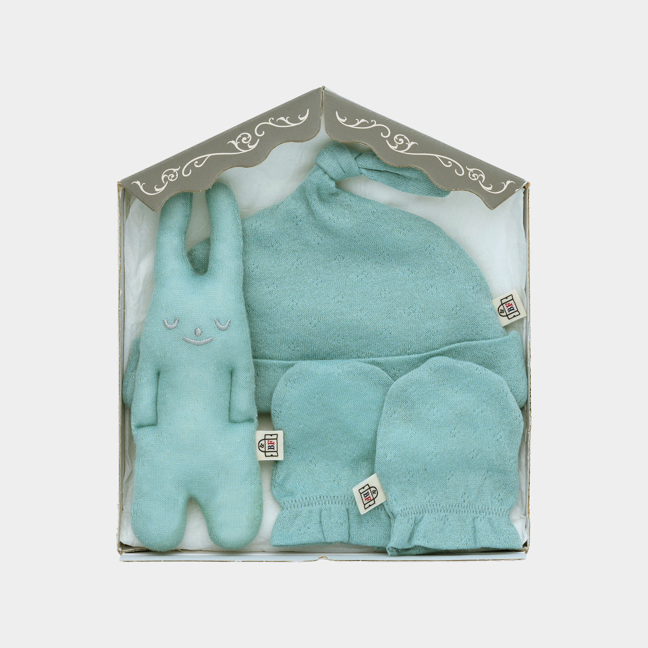 スマイルコットン　帽子・ミトン・にぎにぎ 3点セット（ブルー）【日本アトピー協会推薦品】｜出産祝いにおすすめ