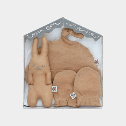 スマイルコットン　帽子・ミトン・にぎにぎ　3点セット（ブラウン）【日本アトピー協会推薦品】